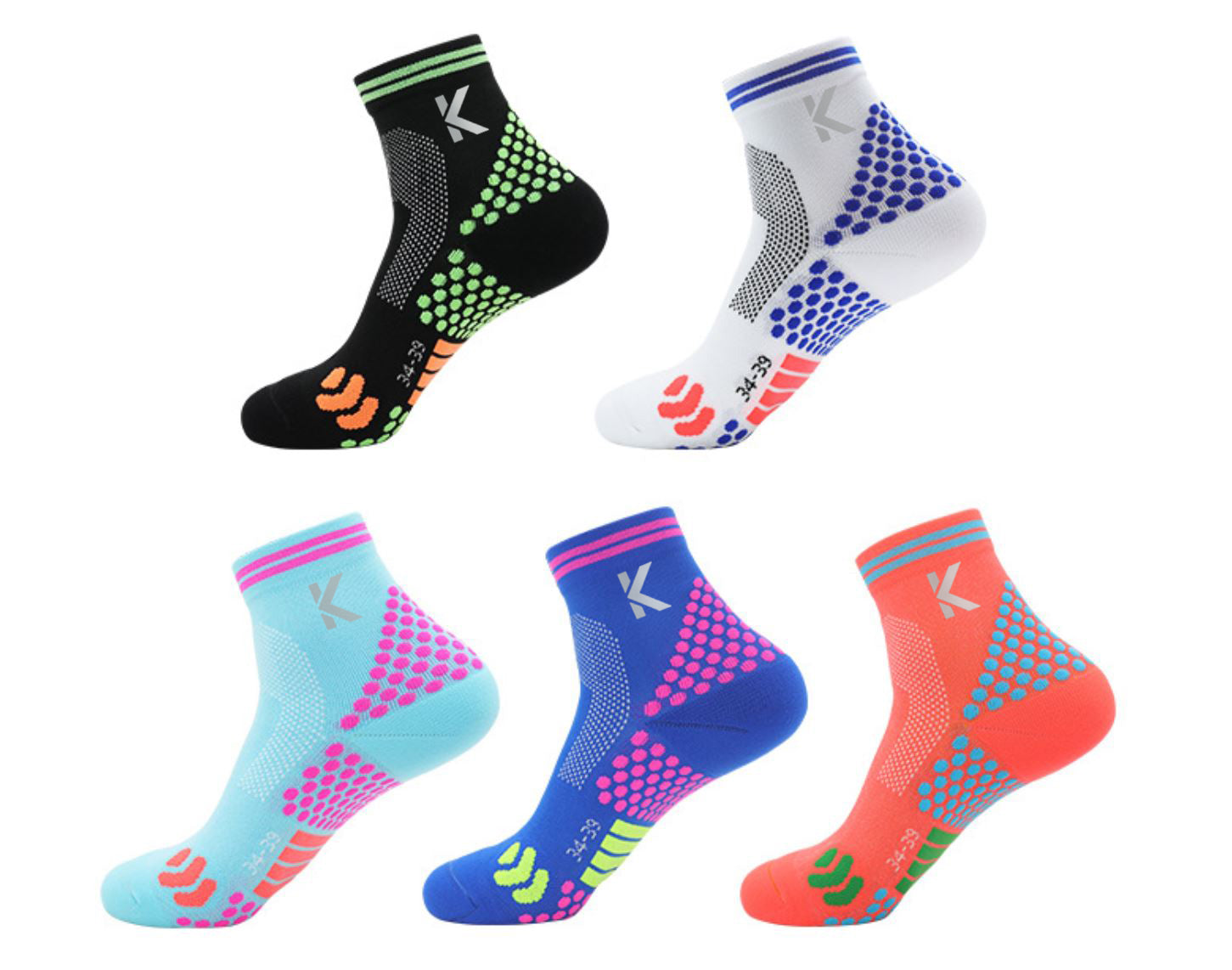 Five pairs of colorful athletic socks, each with a unique pattern and color combination, including black, white, blue, pink, and orange with dots and stripes, displayed against a white background.