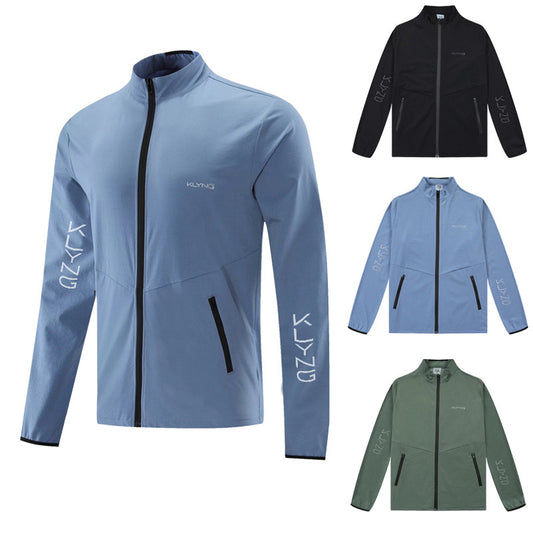 Image of four AeroFlex Performance Jackets by Klyng, available in blue, black, and green. Each jacket includes a high collar, two side pockets, and provides four-way stretch for maximum comfort. The brand name KLYNYG is printed on the sleeve. The jackets are showcased against a plain white background.