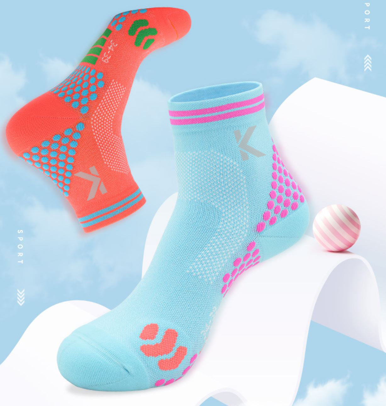 Displayed against a light blue background are two pairs of Klyng's Achilles Support High Performance Compression Socks. One sock is orange with green and blue patterns, while the other is light blue with pink patterns. Nearby, a pastel striped ball rests. Both socks, designed for pickleball players seeking ankle support, are marked with the letter "K.