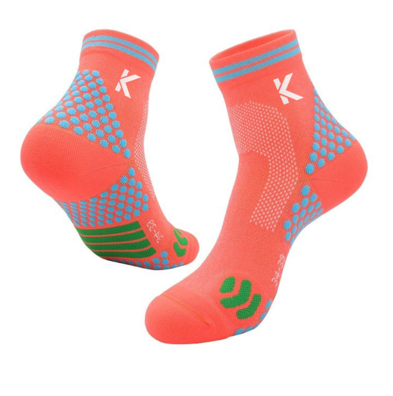 Klyng's Achilles Support High Performance Compression Socks showcase a bright orange and blue design adorned with blue dots and green accents, featuring a white Klyng logo near the top. These stylish socks are designed to provide modern flair and ankle support, making them ideal for sporty activities like pickleball.