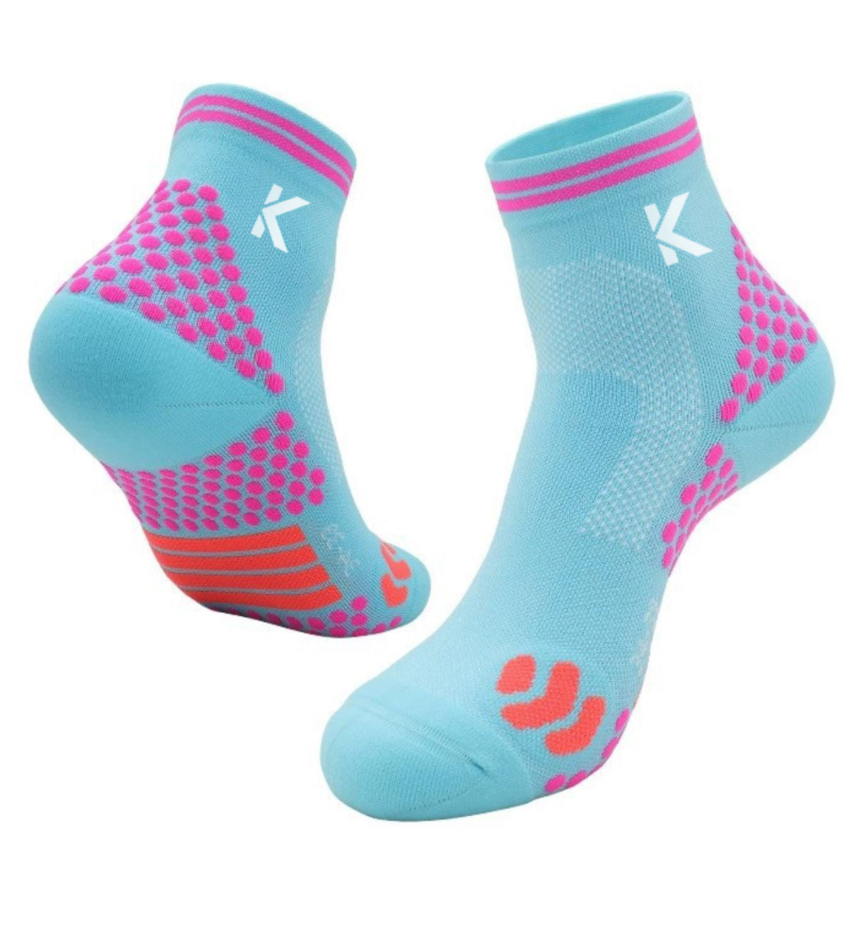 Introducing the Achilles Support High Performance Compression Socks by Klyng—a stylish pair of blue ankle socks adorned with pink and orange polka dot patterns and ribbed cuffs. Featuring white Klyng logos on each sock, these are perfect for pickleball players seeking both comfort and flair.