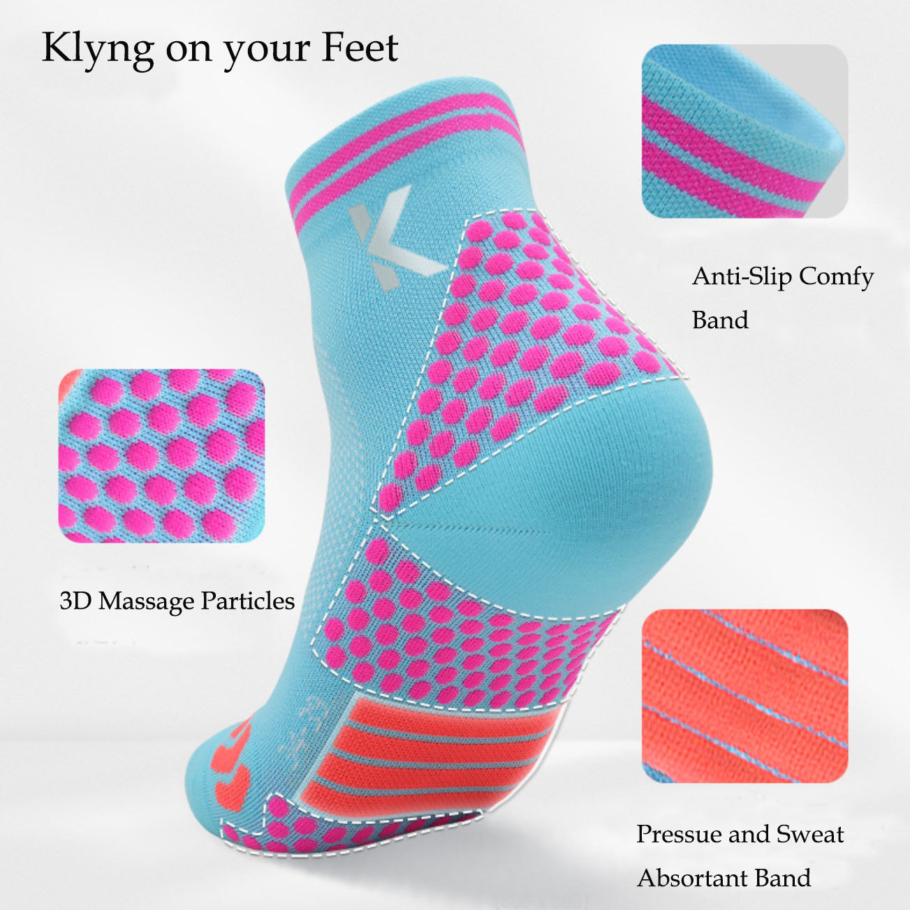 The Achilles Support High Performance Compression Socks by Klyng are designed with blue and pink accents, providing ankle support through anti-slip comfortable bands, 3D massage particles, and pressure-absorbent bands. Perfect for pickleball players, they feature the text "Klyng on your Feet.