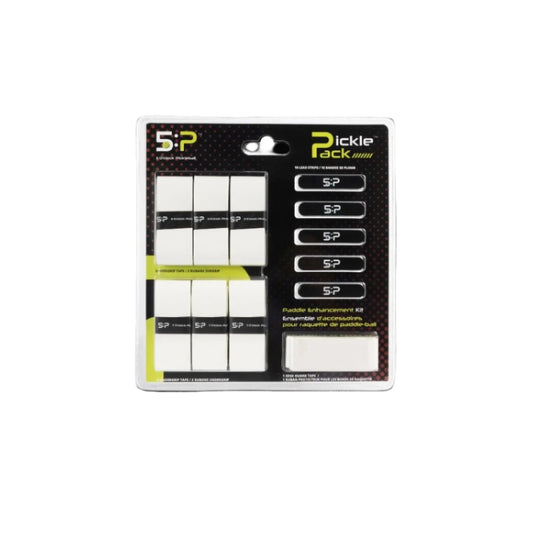 A Picklepacks bundle from 5 O'clock Pickleball includes nine rectangular white erasers and five black pencil grips set against a vibrant black and yellow background, perfect for paddle customization enthusiasts.