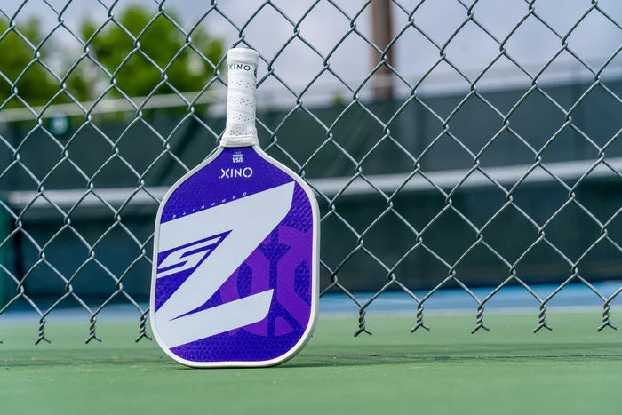 A purple and white pickleball paddle, branded Onix, featuring a large Z design reminiscent of the Graphite Z5 v3 Pickleball Paddle, leans against a chain-link fence on an outdoor court. The vibrant green court surface contrasts with the cloudy sky in the background.