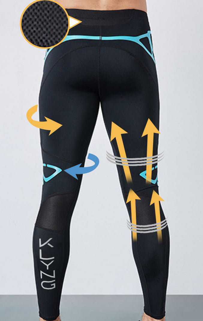 A person is seen wearing the Men’s PowerFlex Pickleball Compression Pants by Klyng, featuring black athletic design with blue accents for optimal muscle support during pickleball. Arrows highlight compression areas at the thighs and calves, and a magnified view showcases the CourtTech fabric technology texture, alongside a brand logo on one leg.