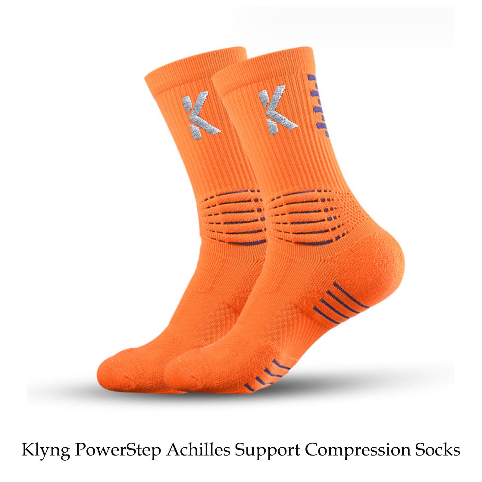 Bright orange compression socks with gray and purple accents, featuring the letter K near the top. Perfect for pickleball enthusiasts, these are known as Klyng's PowerStep Achilles Support Compression Socks (Unisex).