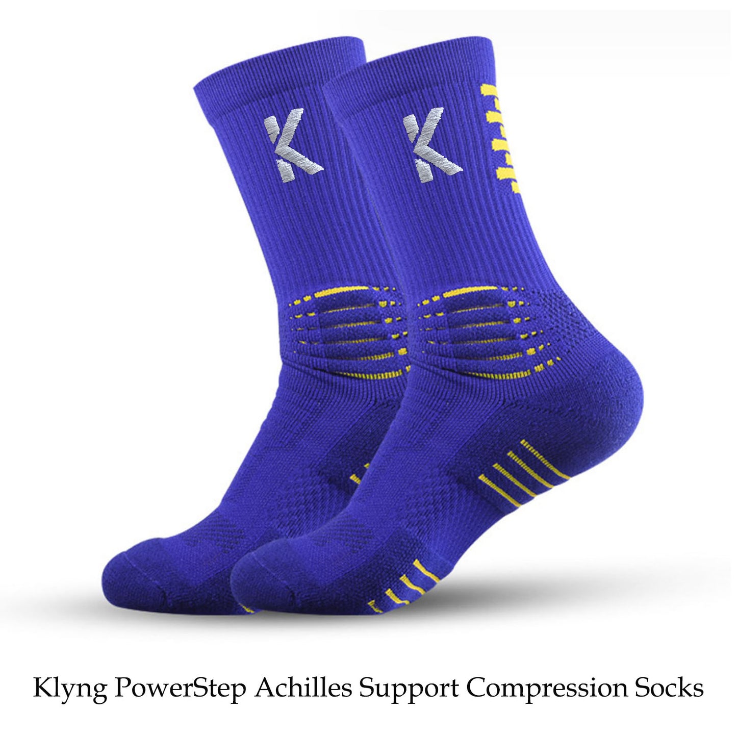 Introducing the PowerStep Achilles Support Compression Socks by Klyng, a unisex pair featuring a stylish blue design with yellow accents and the distinctive K logo at the top. Ideal for pickleball enthusiasts, these socks offer targeted Achilles support and showcase textured patterns for enhanced functionality.