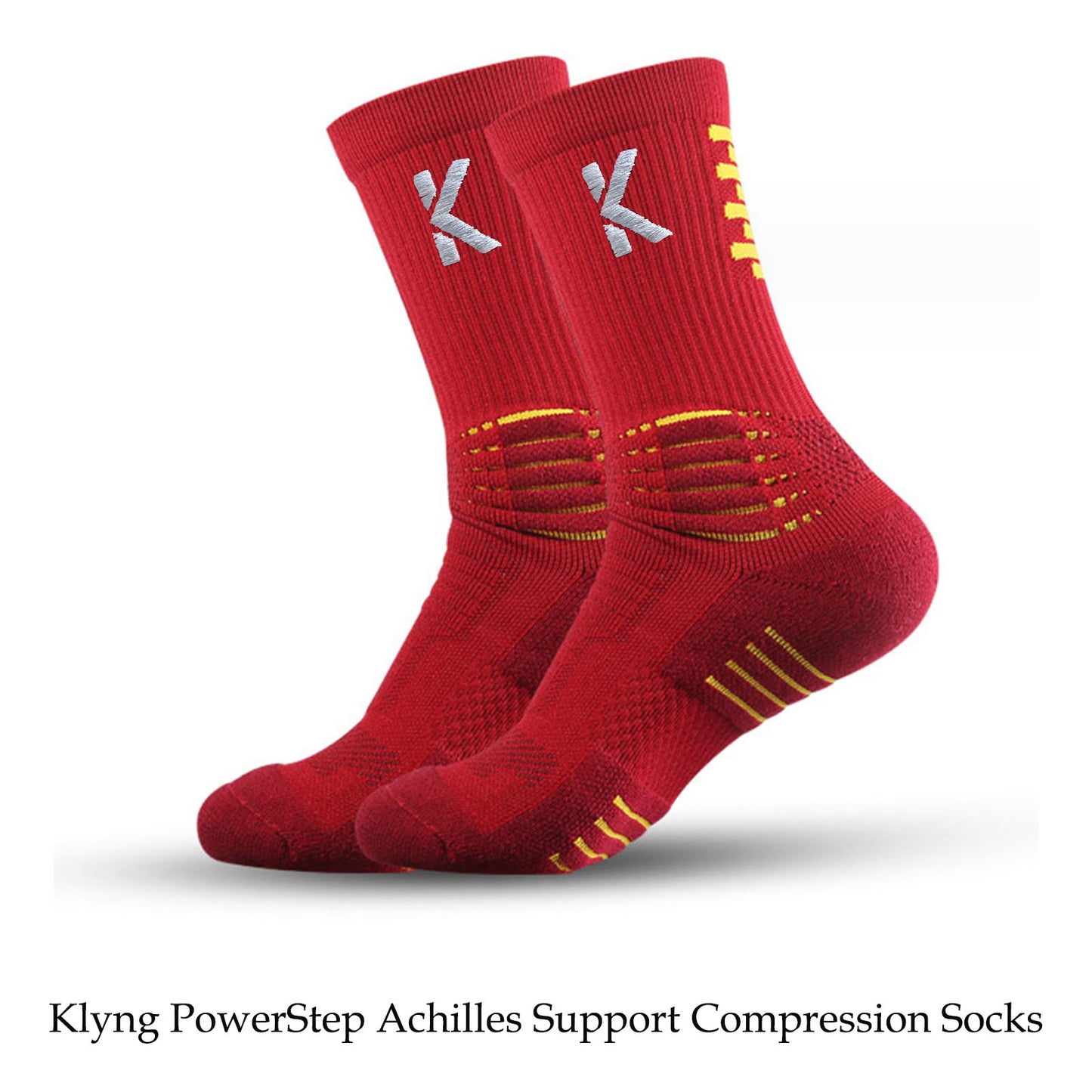 Introducing the Klyng PowerStep Achilles Support Compression Socks (Unisex), ideal for pickleball enthusiasts. These red socks display a gray K logo and yellow accents, combining style and functionality to provide optimal Achilles support.