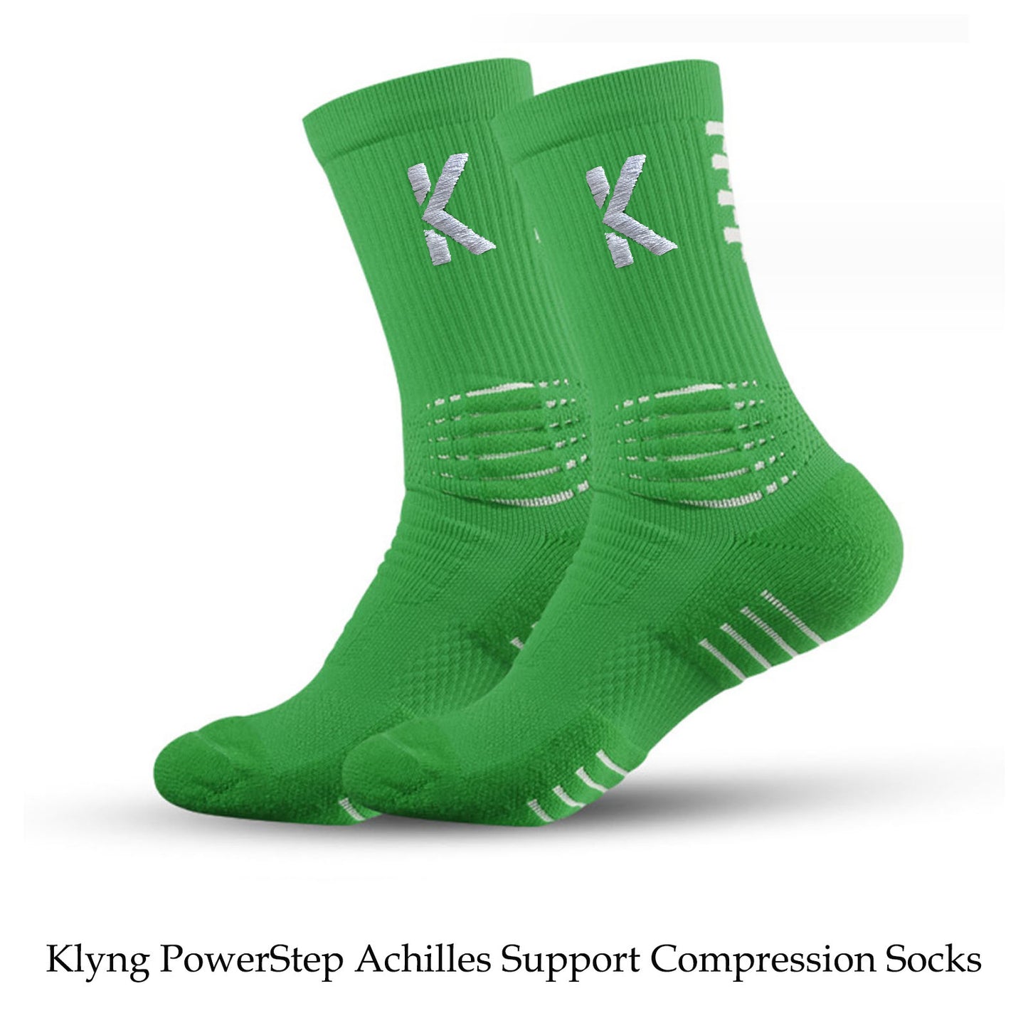 Elevate your performance with Klyng's PowerStep Achilles Support Compression Socks. These green knee-high socks, featuring white lettering and design, are ideal for those intense pickleball matches.