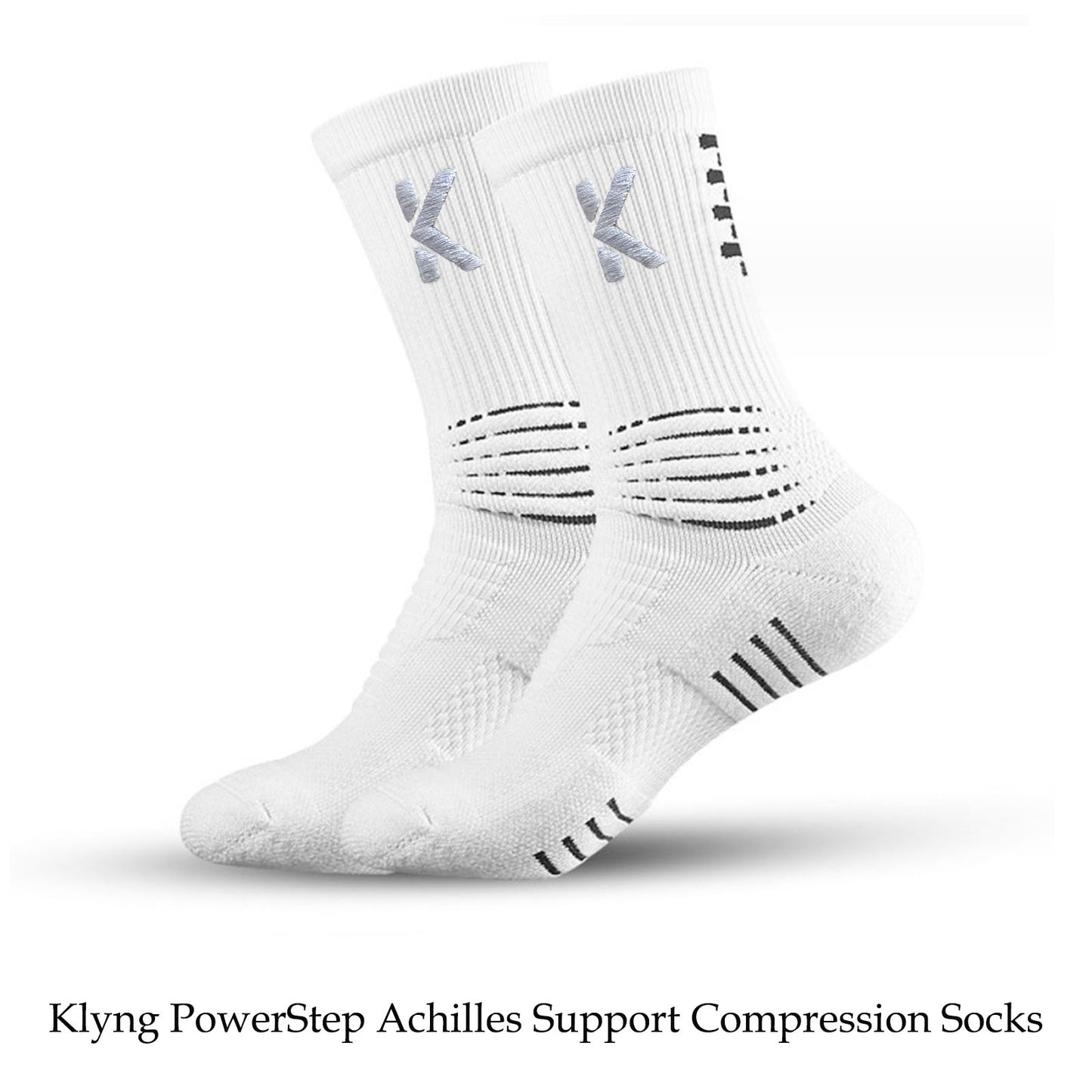 Introducing the PowerStep Achilles Support Compression Socks by Klyng, featuring blue logo designs and black stripes for enhanced Achilles support. These white socks are perfect for pickleball enthusiasts and are shown on a plain white background.