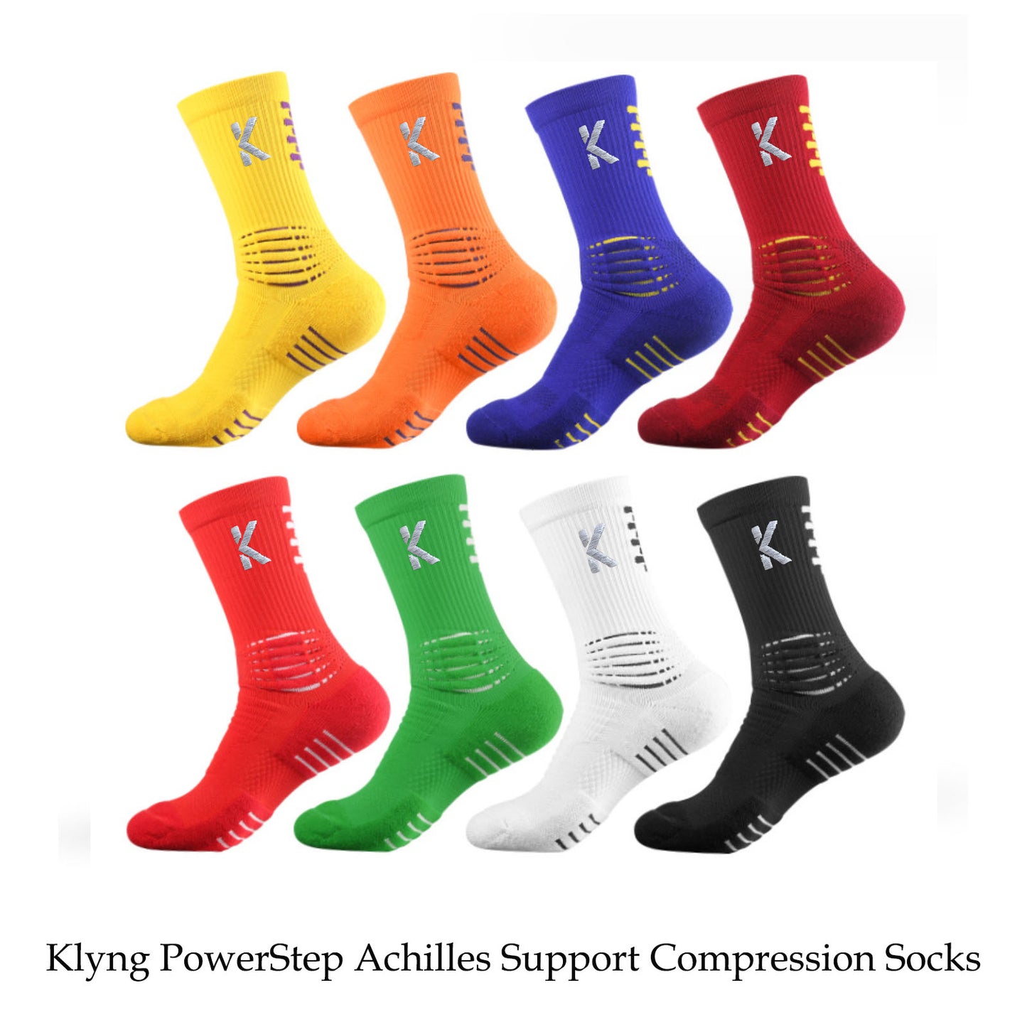 Discover our PowerStep Achilles Support Compression Socks from Klyng, ideal for Pickleball enthusiasts. Offered in a range of vibrant colors such as yellow, orange, blue, red, green, white, and black, each pair showcases a prominent K logo and includes ribbed support bands for optimal Achilles support.