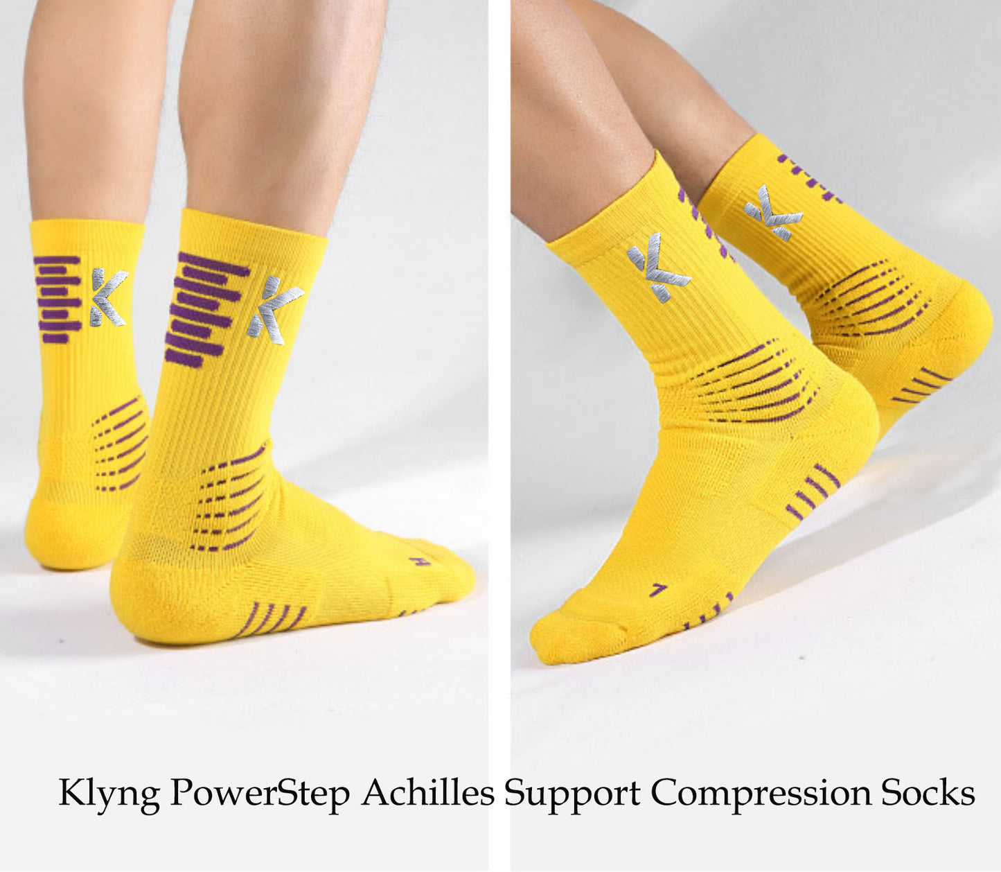 Klyng's PowerStep Achilles Support Compression Socks, designed in yellow with purple accents and adorned with the iconic K logo, are ideal for pickleball enthusiasts. Displayed from various angles on a person's feet, these socks offer outstanding Achilles support to ensure you stay comfortable and agile on the court.