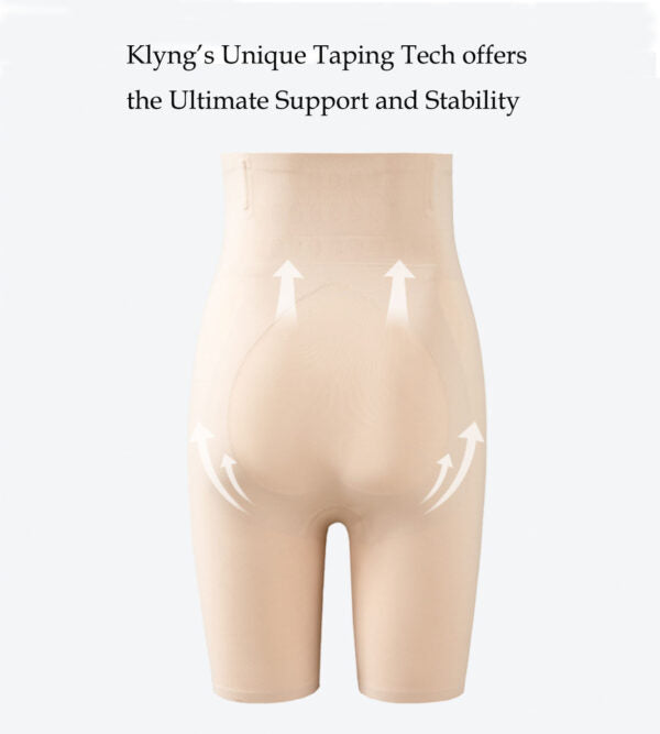 Seen from the back, this high-waisted shaping undergarment features arrows that highlight targeted support and stability. The text describes how Klyng's Exclusive Taping Technology, enhanced by PowerCore technology, delivers Ultimate Support and Stability in activewear through the Women PowerCore Super High-Waist Compression Short.