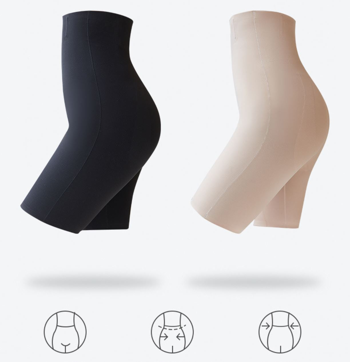 Displayed against a light background are two pairs of Klyng's Women PowerCore Super High-Waist Compression Shorts. One pair is in black and the other in beige, both featuring advanced PowerCore technology for enhanced support. Below them are three icons showcasing their comfort and fit features.