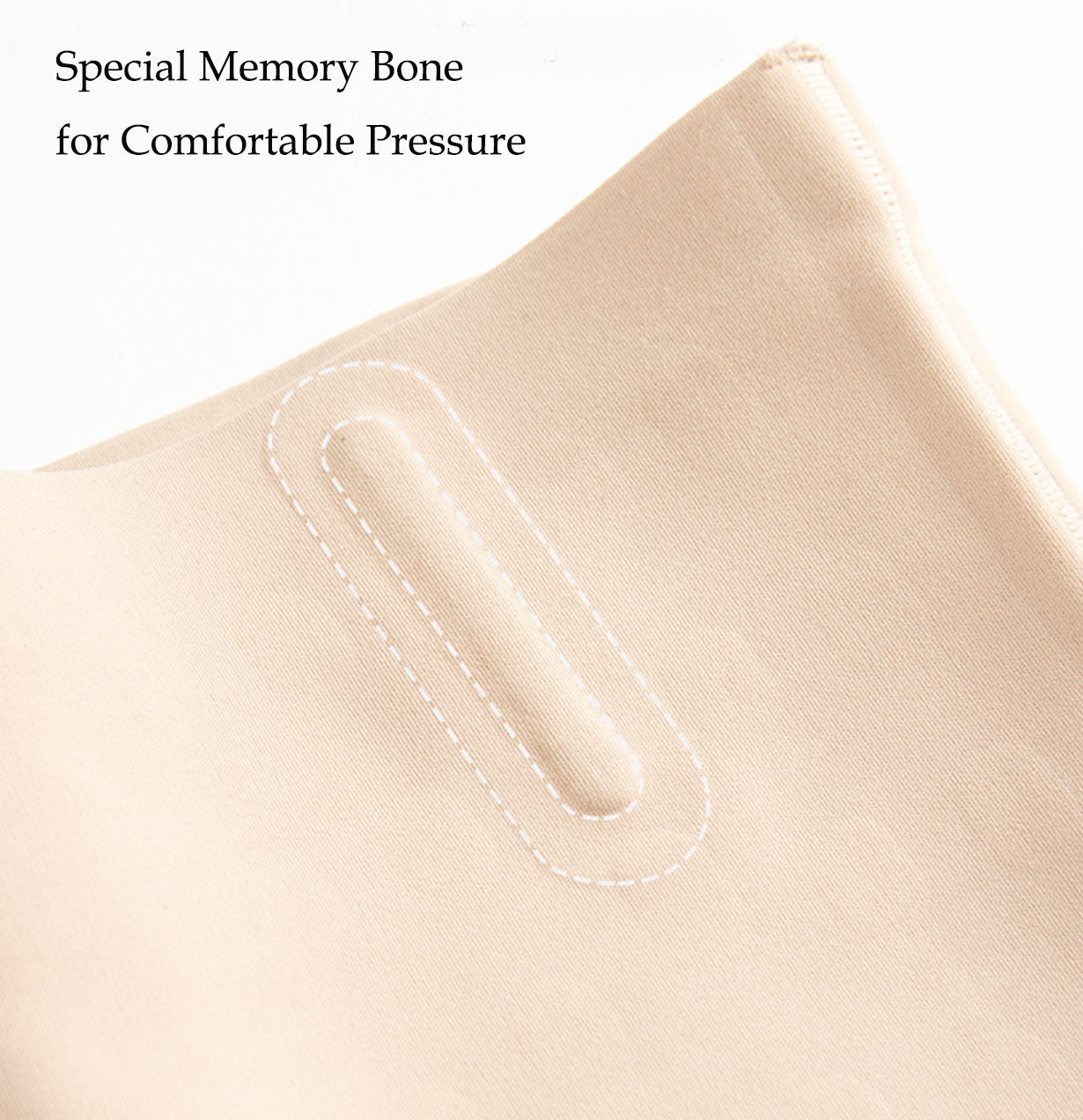 Close-up of a beige cushion featuring a rectangular indentation, crafted with PowerCore technology. The text in the top left corner reads, "Klyng Women's PowerCore Super High-Waist Compression Short for Comfortable Pressure." The material appears soft and smooth.