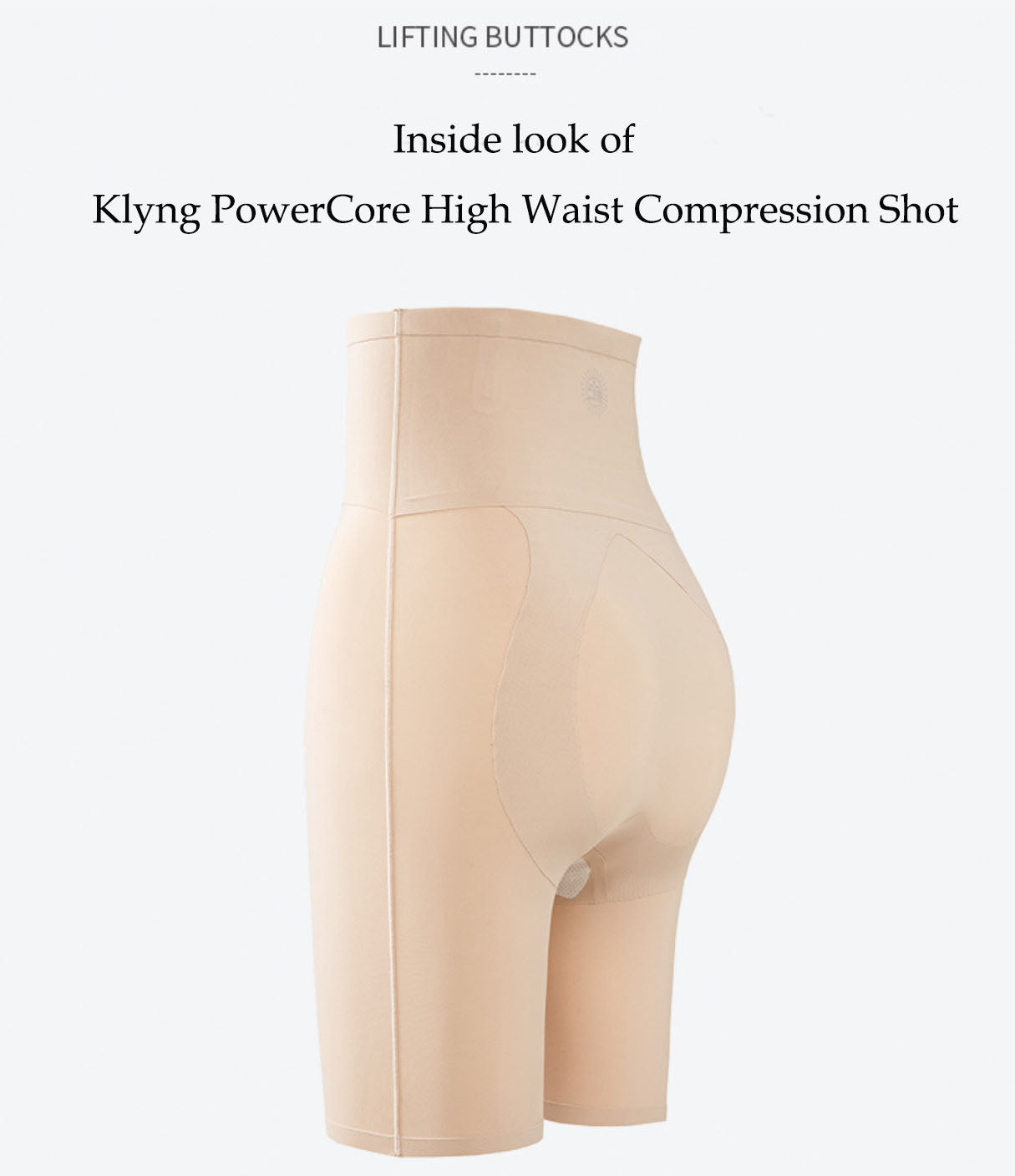 Image of a beige, super high-waisted compression garment named the Klyng Women PowerCore Super High-Waist Compression Short, featuring PowerCore technology for performance-enhancing activewear. Designed to lift the buttocks, these compression shorts are displayed on a plain background.