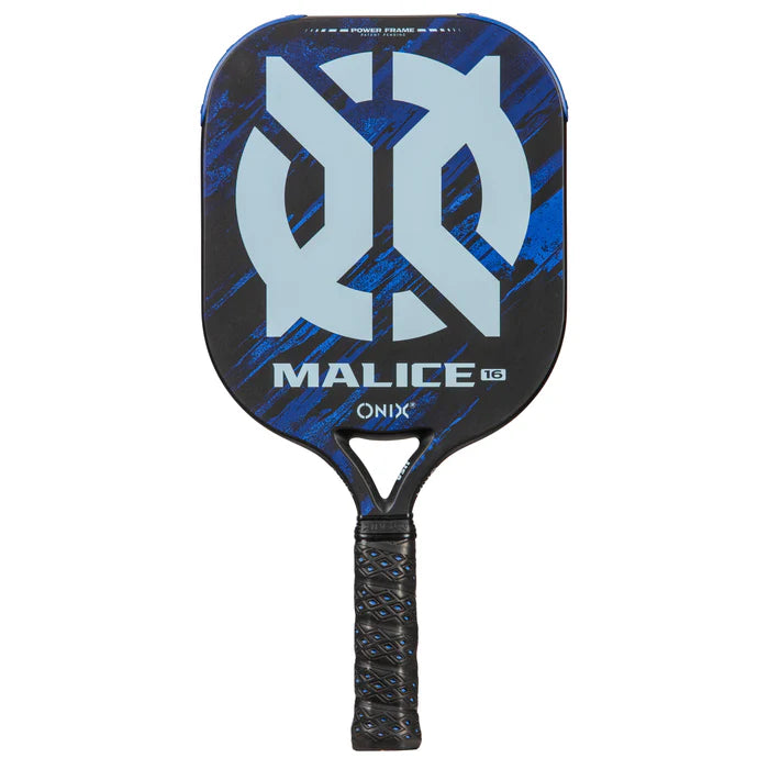 An Onix Malice Open Throat Pickleball Paddle, featuring a sleek geometric design in black and blue with "MALICE" and "16" emblazoned on it. This carbon fiber paddle is equipped with a textured black handle and a polypropylene core to boost performance.