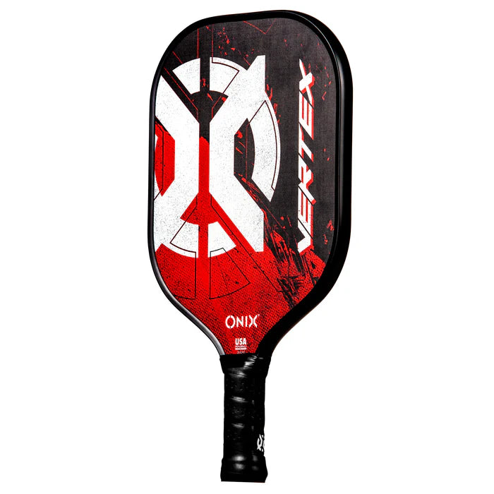 The Composite Vertex v2 Pickleball Paddle by Onix, showcasing striking black and red graphics, has a composite face, a polypropylene core, and a textured handle for excellent grip.