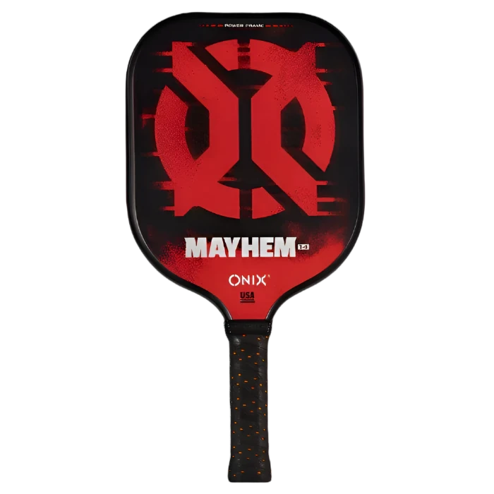 Introducing the Mayhem Pickleball Paddle by Onix, showcasing a sleek black and red design with the word MAYHEM in white. Featuring a Carbon Fiber Power Frame for exceptional performance, it boasts a handle adorned with a dotted pattern and prominently displays the Onix brand at the bottom.