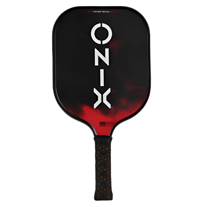 The Mayhem Pickleball Paddle by Onix boasts a striking black and red design with the brand name displayed vertically across the face. It is constructed with a Polypropylene Core, and its black handle, detailed with orange speckles, is engineered using Patented Thermofused Technology to enhance performance.