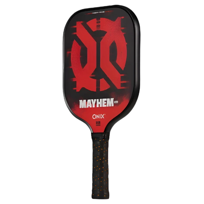 The Mayhem Pickleball Paddle from Onix showcases a striking black and red design, prominently featuring the word "MAYHEM" and a bold red emblem. The handle is highlighted with small orange accents and is equipped with a Carbon Fiber Power Frame. The paddle proudly displays the brand name "ONIX" along with the "USA Pickleball Approved" mark.