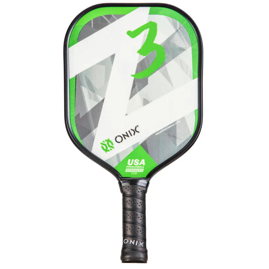 The Z3 Pickleball Paddle by Onix features a geometric design in green, gray, and white with a prominent green number 3. It offers a wide body shape and composite face for improved performance, along with a black handle that has a textured grip for excellent hold.