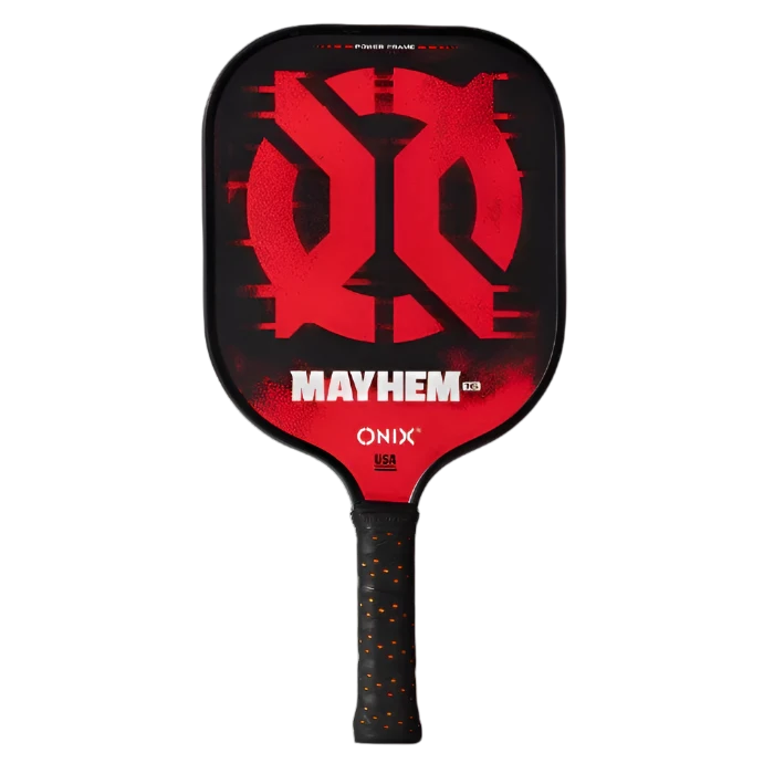 The Mayhem Pickleball Paddle by Onix boasts a striking black and red design with a prominent red abstract logo and the word "MAYHEM" in white. It includes the signature ONIX USA branding, crafted with Carbon Fiber Power Frame technology. The black handle, enhanced with red accents, combines style with high performance.