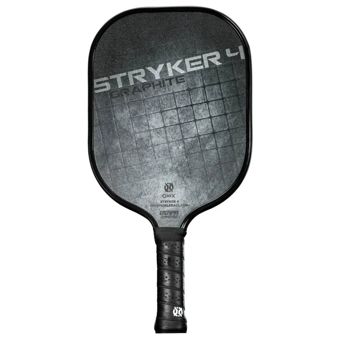 An Onix Graphite Stryker 4 Pickleball Paddle featuring a black graphite face emblazoned with the text "STRYKER 4 GRAPHITE." It has a black-gripped handle wrapped in material, and the design includes a grid pattern to enhance its larger sweet spot.