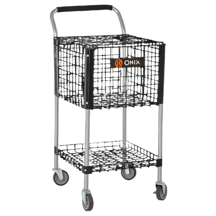 A heavy-duty Onix Pickleball Teaching Cart, featuring a black and silver metal design, is equipped with two mesh baskets and four swivel wheels. The top basket prominently displays the Onix brand name in white and orange. A sturdy black handle ensures easy maneuverability.