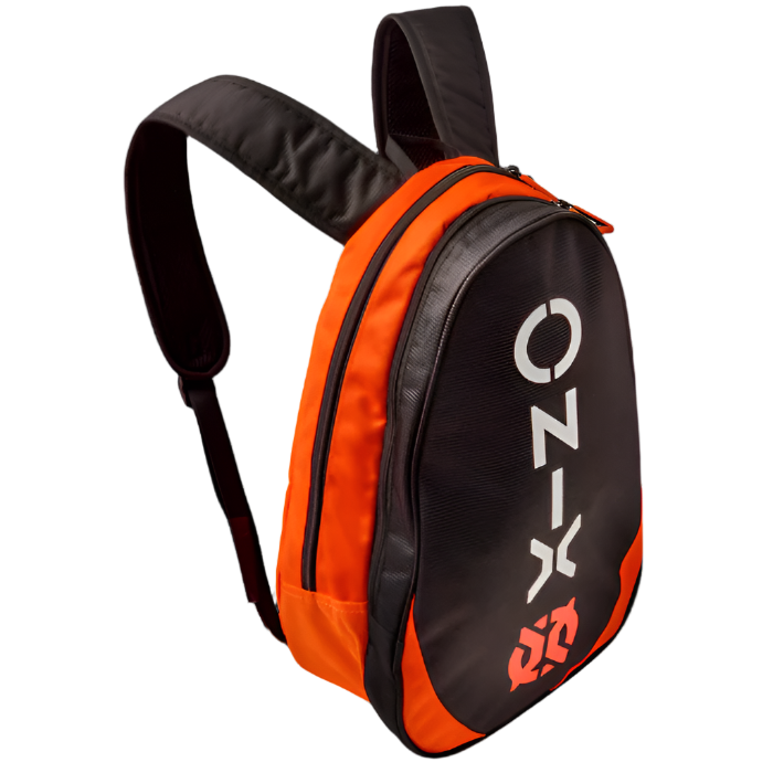 The Pro Team Pickleball Minipack by Onix is an orange and black backpack made from durable polyester. It includes adjustable shoulder straps, dedicated paddle storage, and features "ONIX" in white letters on the front, making it perfect for all your pickleball gear needs.