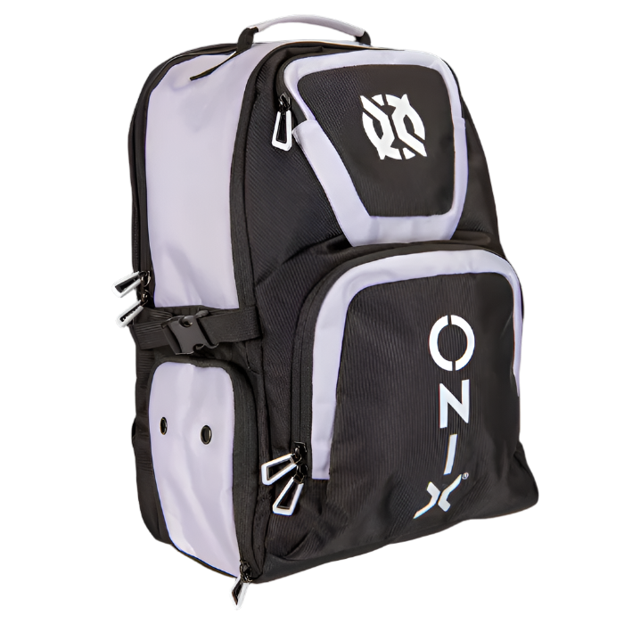 The Pro Team Pickleball Backpack (Black & White) by Onix is crafted from durable polyester and offers ample storage. It features multiple compartments, zippers, the Onix logo on the front and side, and includes a convenient carrying handle on top.