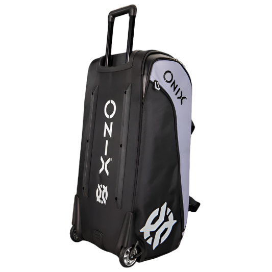 A black and white wheeled duffle bag from Onix, ideal for any journey. It features a retractable handle, zippered pockets for easy organization, and the brand name ONIX in white lettering along the side.