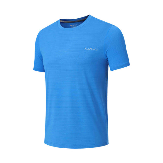 The RallyFlex Performance Pickleball T-Shirt by Klyng is a vibrant blue short-sleeve shirt with a crew neckline. It showcases a subtle pattern with "KLYNG" printed in white on the left chest and is crafted from soft, moisture-wicking fabric designed for lightweight performance.