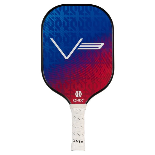 The Onix Recruit V3 Pickleball Paddle showcases a bold blue and red gradient design with a prominent white V3 logo. A comfortable white grip ensures ease of use, while the protective edge guard increases durability. The paddle also features an enlarged sweet spot for enhanced performance on the court.