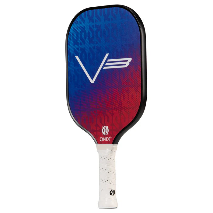 The Recruit V3 Pickleball Paddle by Onix sports a striking red to blue gradient design with a prominent V logo on its face. The handle is white with black accents, and the Onix brand name is showcased at the bottom. It features a protective edge guard and offers an enlarged sweet spot to enhance gameplay.