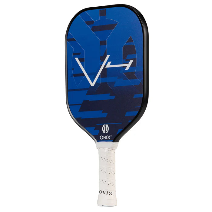 The Recruit V4 Pickleball Paddle by Onix features a blue and black design with a geometric pattern, prominently displaying the letter V and the number 1 on its face. It includes a protective edge guard, an enlarged sweet spot for enhanced play, and a textured white handle showcasing the ONIX brand name.