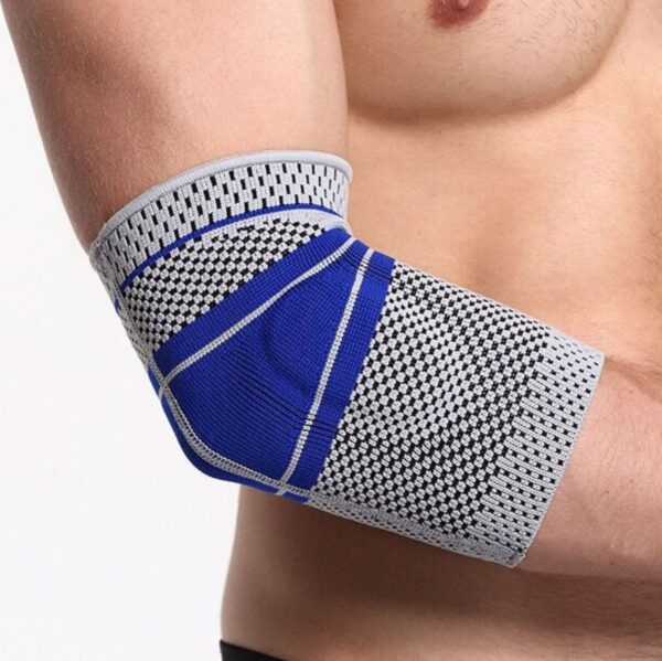 A person is sporting the Klyng Pro Pickleball Elbow Compression Sleeve with Silicone Pads, showcasing a blue and gray checkered pattern complemented by solid blue sections and gray edging. The silicone pads ensure a snug fit, providing superior support and compression, making it ideal for combating pickleball elbow.