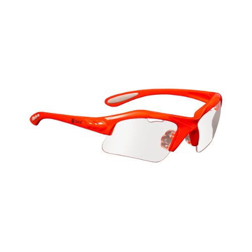 The image features the Onix Eagle Pickleball Eyewear, highlighting a bright red frame paired with clear lenses. These sports sunglasses offer a sleek design with adjustable nose pads and an impact-resistant frame, ensuring durability on the court.