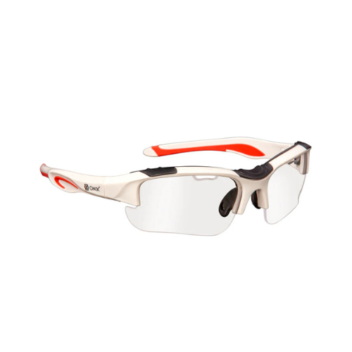 Introducing the Falcon Pickleball Eyewear from Onix, featuring sporty wraparound sunglasses with a sleek half-rim design and impact-resistant frames. The white frames accented with red perfectly complement the clear lenses, which provide UV protection, making them ideal for all your pickleball and outdoor activities.