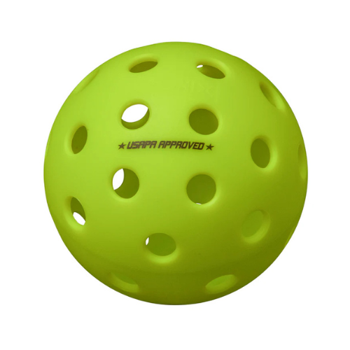 The Onix Fuse G2 Outdoor Pickleballs are vibrant yellow balls specifically crafted for superior outdoor performance, featuring multiple holes and the USAPA APPROVED marking clearly visible on their surface to guarantee top-notch play.