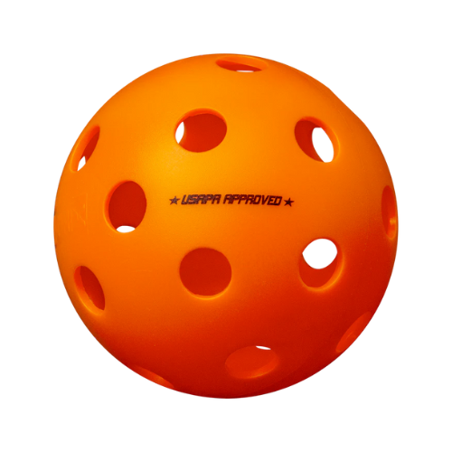 The Onix Fuse Indoor Pickleballs offer reliable performance and exceptional durability, showcasing an orange design with multiple circular holes and the "USAPA Approved" label, making them perfect for pickleball games.