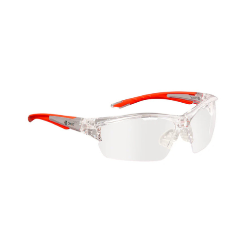 The Onix Owl Pickleball Eyewear features clear lenses and bold red rubberized earpieces, offering a modern look with its transparent frame. Designed for impact resistance, it is perfect for protective needs in various environments.