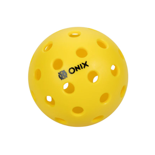 The Pure 2 Outdoor Pickleballs by Onix are designed for pickleball enthusiasts, featuring a vibrant yellow color with "ONIX" and a small logo printed on their surface. These balls incorporate Authentic Bounce™ Technology to ensure consistent play and an evenly distributed pattern of circular holes for True Flight™ Technology.