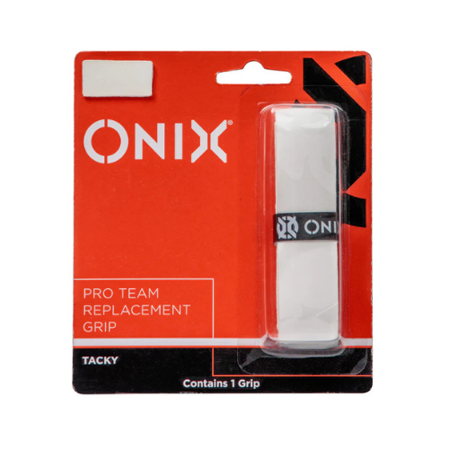 The Onix Replacement Pickleball Grips, chosen by professionals for superior paddle feedback, come in sleek red and black packaging that showcases a white tacky grip adorned with the Onix logo, clearly visible through a transparent cover.