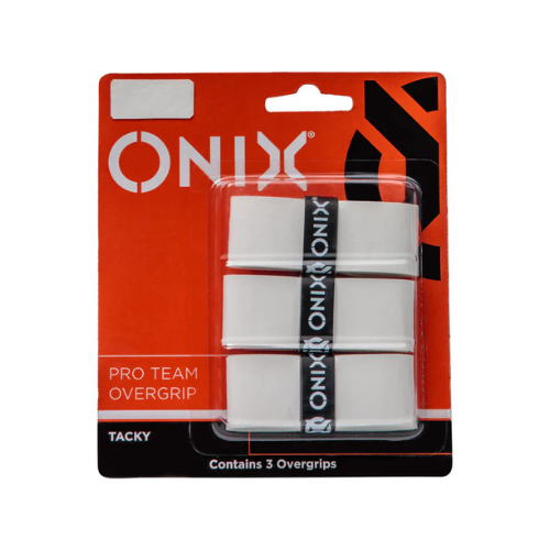 The Pickleball Overgrips (3 Pack) by Onix are presented in a clear package, displaying three white overgrips. The packaging features an orange and black design with the Onix logo and highlights "Pro Team Overgrip" for enhanced paddle feedback and added comfort, indicating that it contains three overgrips.