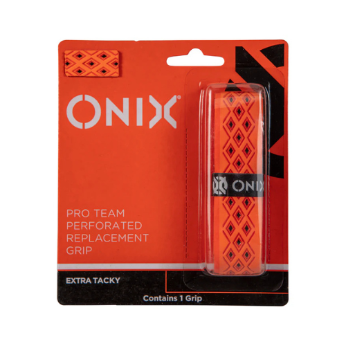 The Onix Perforated Replacement Pickleball Grips are packaged in an appealing orange and black design. Emphasizing their extra tacky quality, these grips are ideal for pickleball players. The packaging contains one grip, visible through a clear plastic cover, ensuring superb vibration dampening.