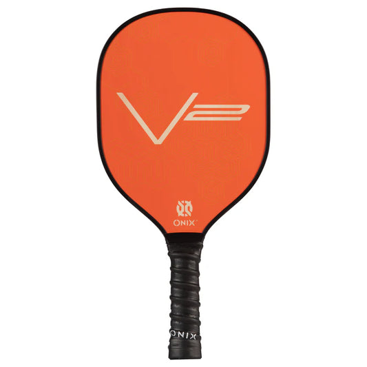 The Recruit V2 Pickleball Paddle from Onix showcases an orange and black design with prominently displayed V2 and Onix logos on the face. It features a padded handle grip for enhanced comfort, underscoring its robust build. Ideal for players at all levels of experience.