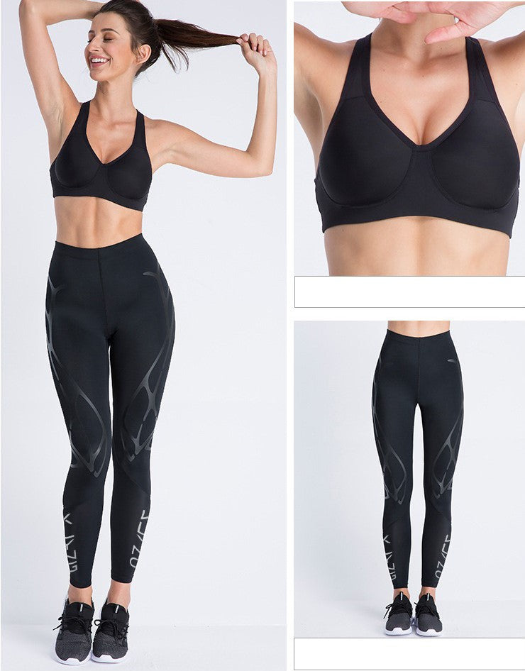 A woman poses in black athletic wear from Klyng. On the left, she smiles while adjusting her ponytail. The right side features close-ups of the Women’s PowerFlex Pickleball Compression Pants with Muscle Support, showcasing their design details enhanced by CourtTech Technology.