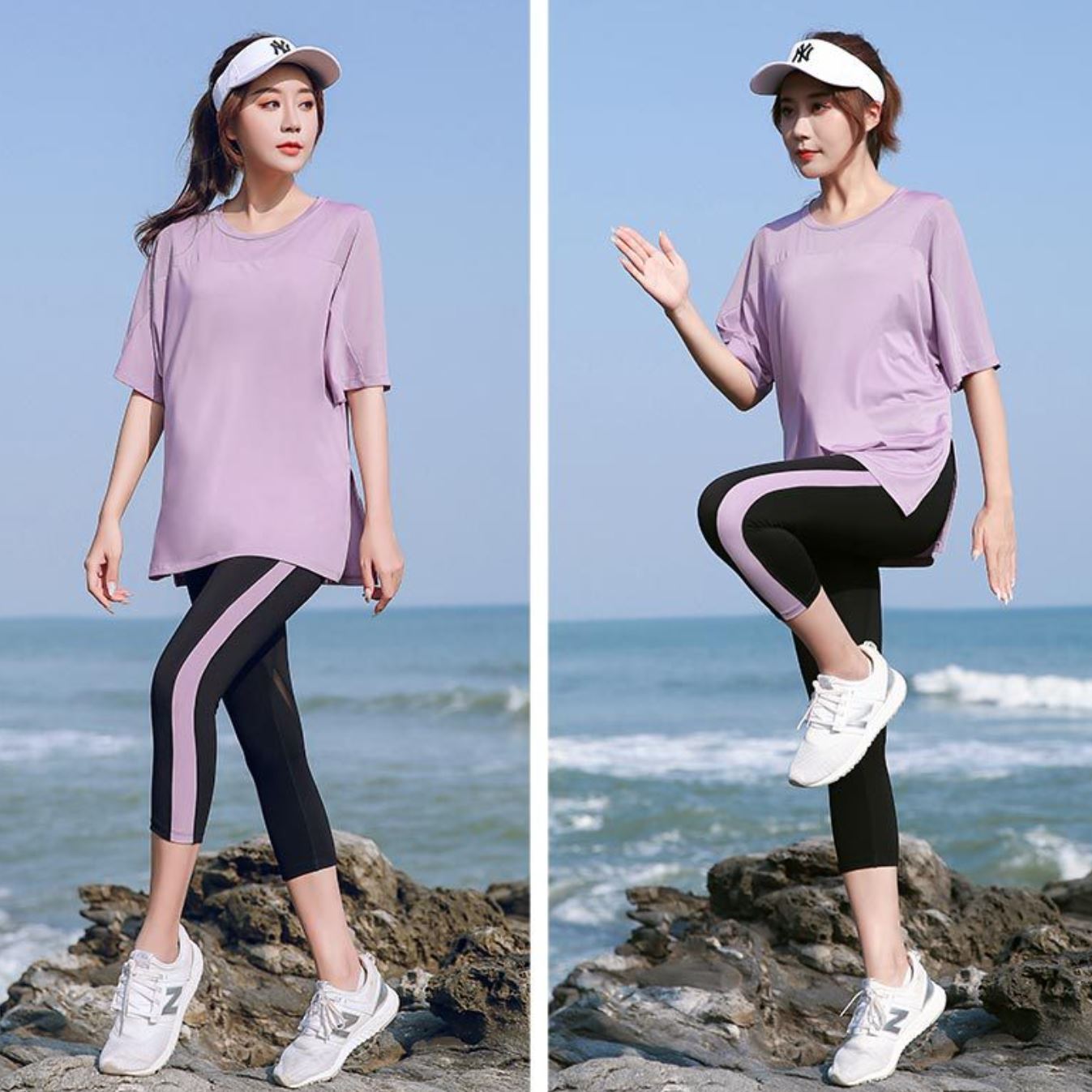 A woman in a pastel purple Women's Breezing Pickleball Cool Tech Dry Fit T-Shirt from Klyng and black leggings with pink stripes exercises on a rocky beach. She wears a white cap and sneakers. In one pose, she stands with one leg lifted, and in another, she stands with both feet on the ground. The ocean serves as a scenic backdrop.