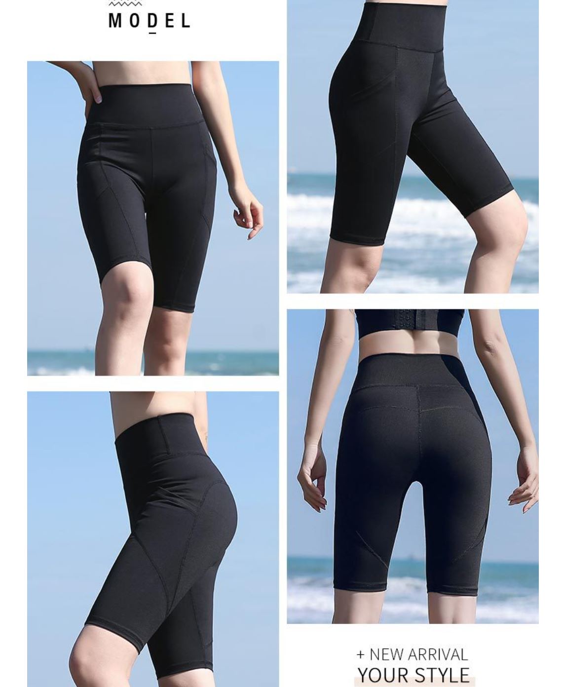 Collage of a person wearing Klyng's Women’s Pro Pickleball Streamlined Above Knee Compression Shorts (Off Court Recovery) at the beach, shown from front, side, and back views with the ocean as backdrop. Crafted with moisture-wicking fabric for muscle support. Text reads: MODEL and + NEW ARRIVAL YOUR STYLE.